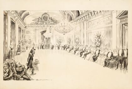 An angry man speaks to a row of seated wealthy men and women in a fancy ballroom. (1907) — size preview