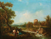 An Arcadian landscape with figures near a stream, a village beyond