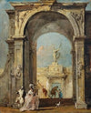 An architectural capriccio with elegantly dressed figures and a dog at the entrance to a palace