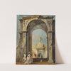 An architectural capriccio with elegantly dressed figures and a dog at the entrance to a palace by Francesco Guardi