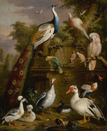 An assembly of birds in a parkland landscape