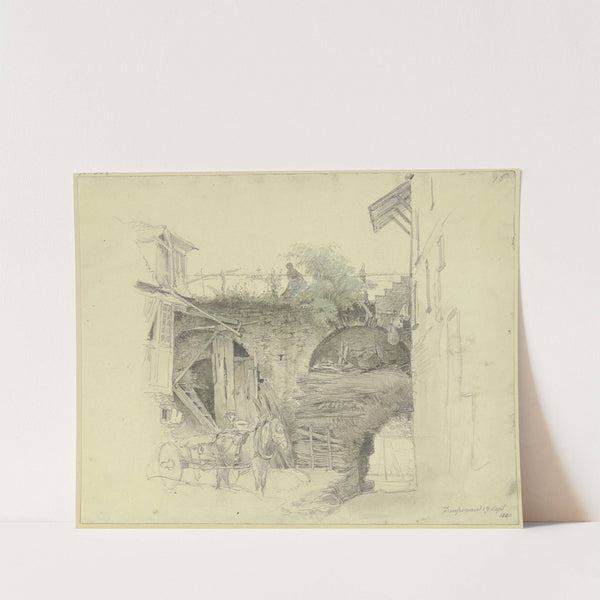 An der Stadtmauer hält ein Wagen, oben begießt ein Mädchen ihre Blumen by Jakob Fürchtegott Dielmann