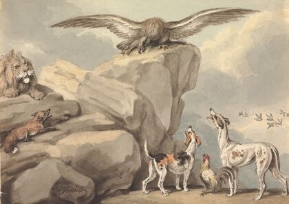 An Eagle Perched on a Rock; Lion, Fox, Two Hounds and a Rooster