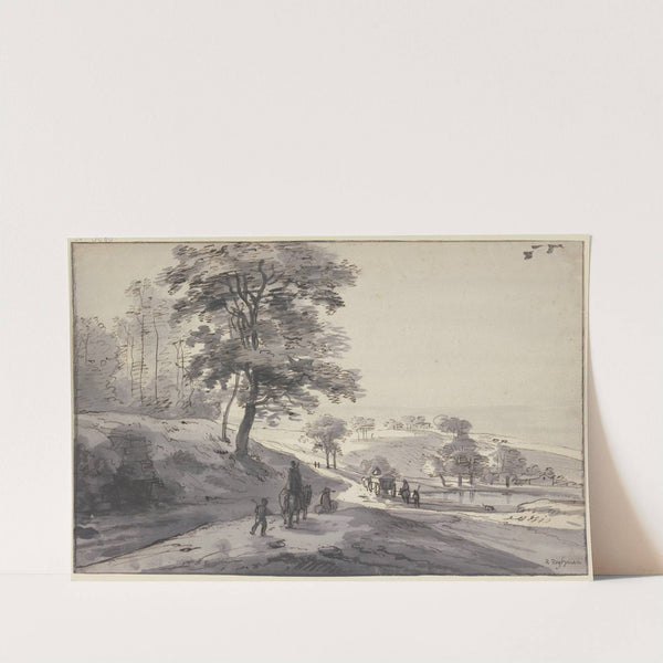 An einem Wasser vorbei über einen Hügel zieht sich ein mit einem Wagen, Reitern und Fußgängern belebter Weg by Roelant Roghman