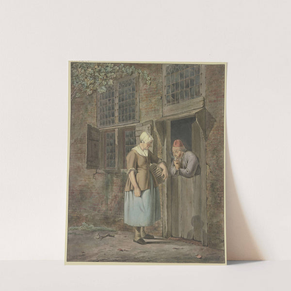 An einer Haustür spricht ein rauchender Mann mit einer Frau, die einen Korb trägt by Johannes Christiaan Janson