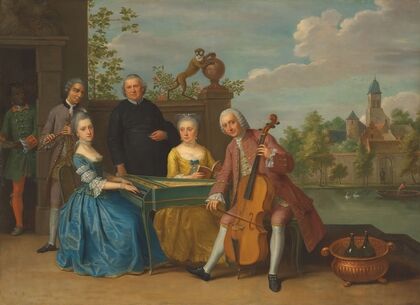 An elegant company, traditionally identified as the wedding of Jacob Johannes Cremers, all seated and making music on a terrace