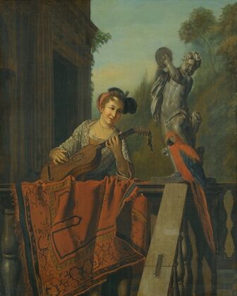 An Elegant Figure Playing A Guitar At a Balustrade With a Macaw