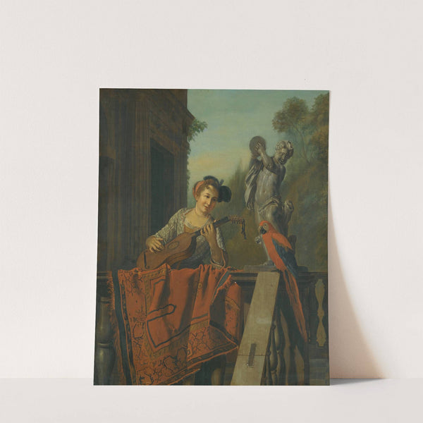 An Elegant Figure Playing A Guitar At a Balustrade With a Macaw by Jan Josef Horemans The Elder