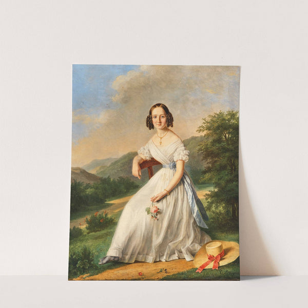 An elegant lady with Florentine hat in a landscape by Élise Bruyère