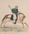 An elegantly dressed woman on horseback