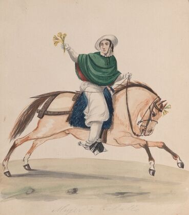 An elegantly dressed woman on horseback