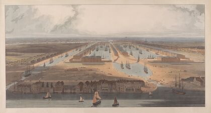 An Elevated View of the New Docks & Warehouses now Constructing on the Isle of Dogs (1802)