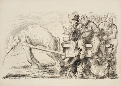 An emaciated Republican Party elephant, representing the G.O.P. Congress, struggles to pull a wagon full of large men (1919)