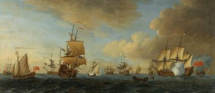 An English Frigate Under Sail Firing A Gun, With Shipping At Anchor And Under Sail