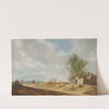 An extensive landscape with a cottage and travellers on an open road by Jan van Goyen
