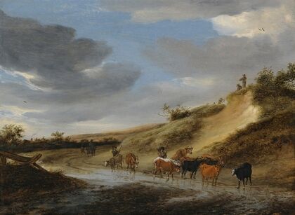 An Extensive Landscape With Cattle And Their Herdsmen Following A Partly Flooded Country Road