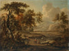 An extensive landscape with figures on a path in the foreground