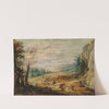 An extensive mountainous landscape with horsemen chasing a thief by Joos de Momper