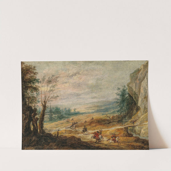 An extensive mountainous landscape with horsemen chasing a thief by Joos de Momper