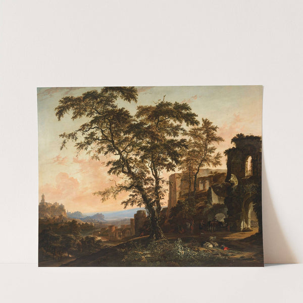 An extensive Rhenish landscape with peasants and animals resting in the shade of Romanesque ruins by Hendrik van Minderhout