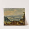 An extensive river landscape with peasants and horsemen in the foreground by Workshop of Joos de Momper