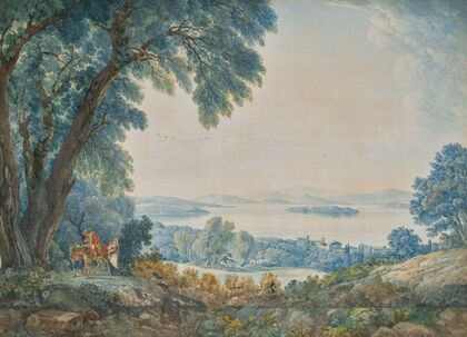 An extensive view with a lake outside Rome (possibly Lake Bolsena), with figures