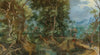 An extensive wooded landscape with a village and a town by the mountains beyond