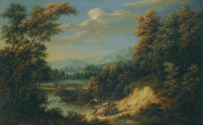 An Extensive Wooded River Landscape With Figures Resting In The Foreground, Travellers Approaching A Walled City Beyond