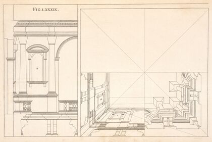 An horizontal projection of architecture in a square ceiling