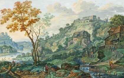 An ideal landscape with a river, a fortress and horsemen (1751)