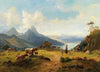 An Idyllic Mountain Landscape with a Herd of Animals and Shepherds