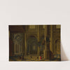 An interior of a Gothic cathedral with figures by Bartholomeus van Bassen