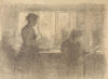 An interior with figures around a table