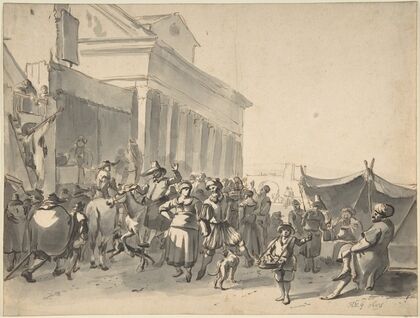 An Italian City with a Crowd Watching Actors in an Outdoor Theater (1642–90)