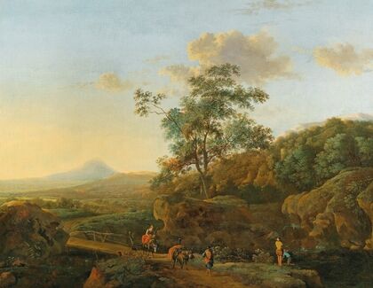 An Italian landscape with travellers