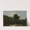 An Italian river scene, with the Temple of Clitumnus and ruins, two figures and cows by Richard Wilson