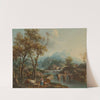An Italianate lake landscape with travellers crossing a bridge, a lakeside town beyond by Giovanni Battista Cimaroli