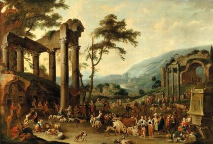 An italianate landscape with a market scene