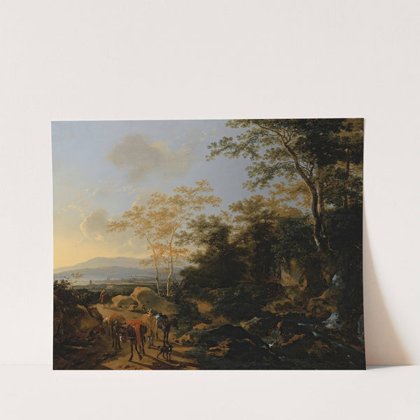 An Italianate landscape with travelers and mules by a waterfall by Willem de Heusch
