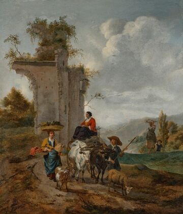 An Italianate landscape with villagers and an ox-cart