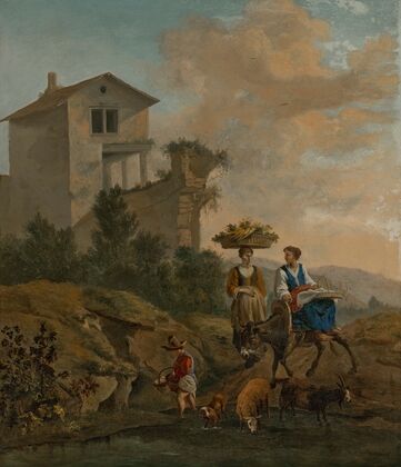 An Italianate landscape with women travelling to market