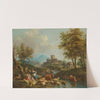 An Italianate river landscape with drovers and cattle on a track, a village beyond by Giovanni Battista Cimaroli