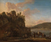 An Italianate River Landscape With Herders On A Path With Their Flock And Donkeys