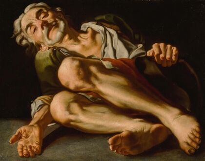 An Old Beggar, Lying Down, His Hand Reaching Out