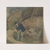 An Old Fisherman Repairing Nets with a Cottage in the Background by John Thirtle