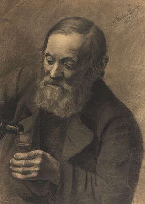 An old man with bottle and glass