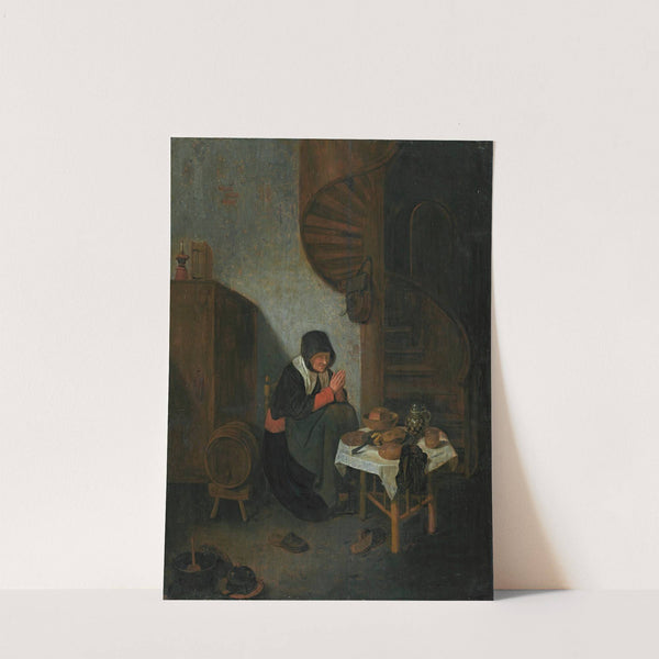 An old woman in an interior saying grace before a meal by Quirijn Van Brekelenkam