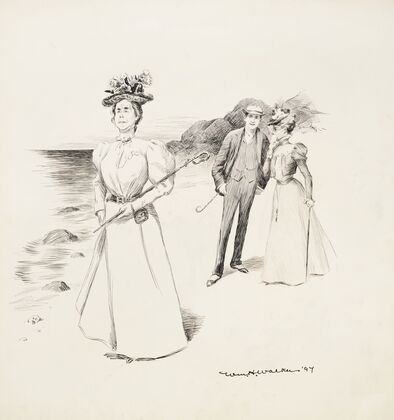 An older woman walks along some rocks, holding a sword. Behind her walk a young couple, taking with each other. (1897)