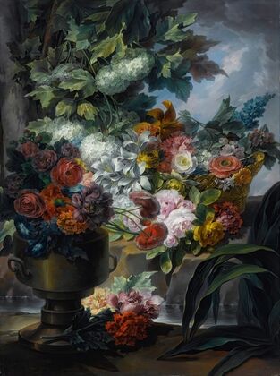 An Outdoor Scene With A Fountain, An Urn And A Basket Of Roses, Peonies, Poppies, Hydrangeas And Other Flowers