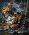 An Outdoor Scene With A Pool Of Water, A Basket And An Urn Filled With Carnations, Roses, Peonies, Lilies, Hydrangeas And Other Flowers